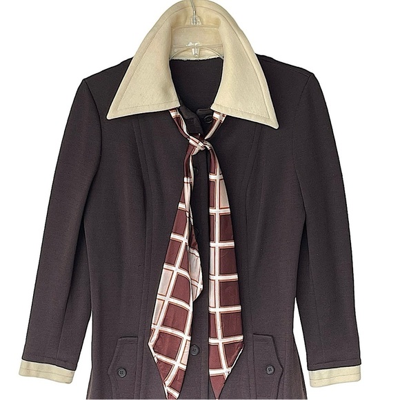 Vintage Authentic 70s Brown Knit Shirtdress Dagger Collar Mad Men Size 6/8 - Picture 5 of 10